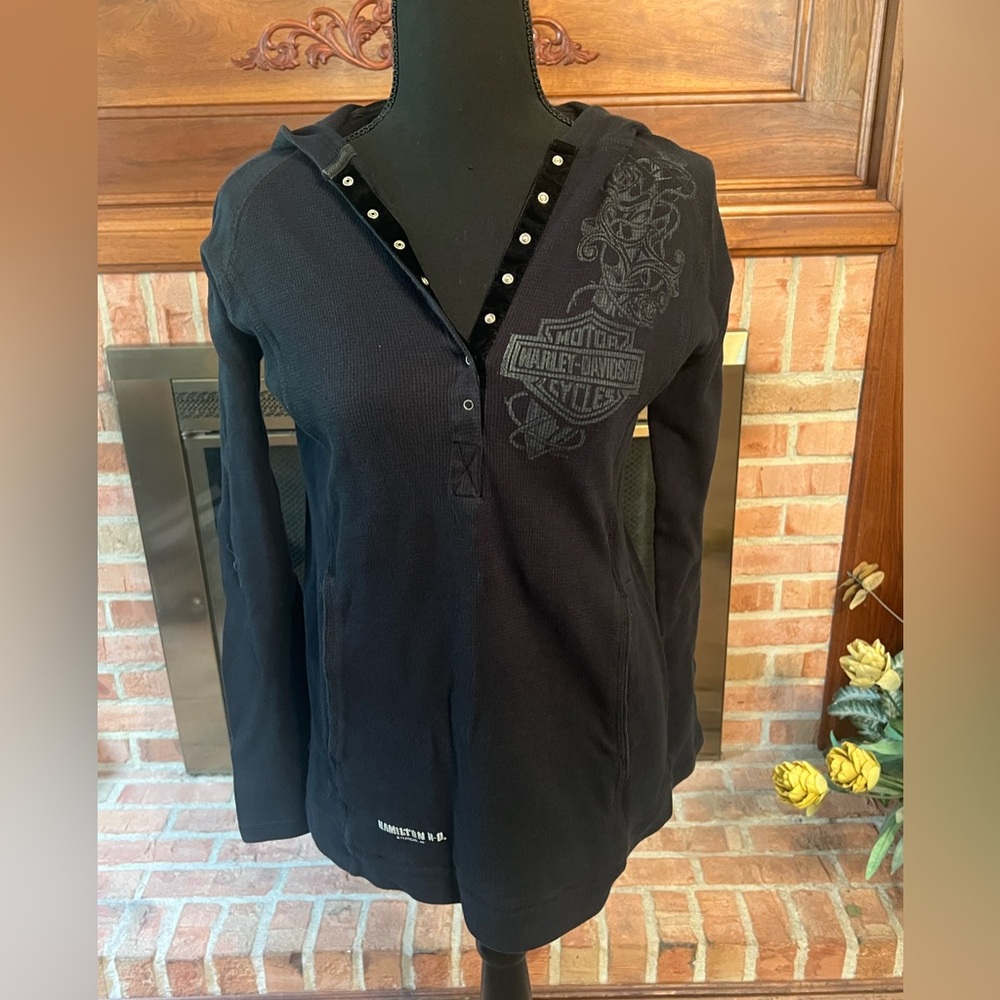 Harley Davidson Hamilton Black Buttoned Polo Sweatshirt / Hooded T Shirt